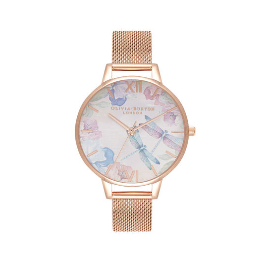 Dragonfly Thin Case Rose Gold Mesh Watch