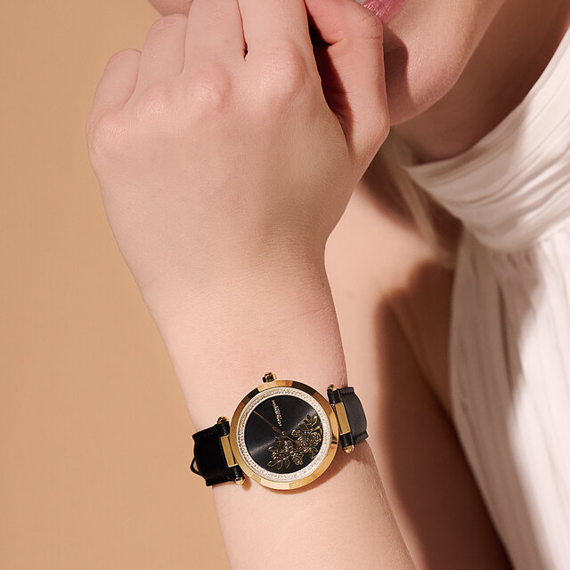Montre florale avec fermoir en T et bracelet en cuir Or et Noir 34 mm