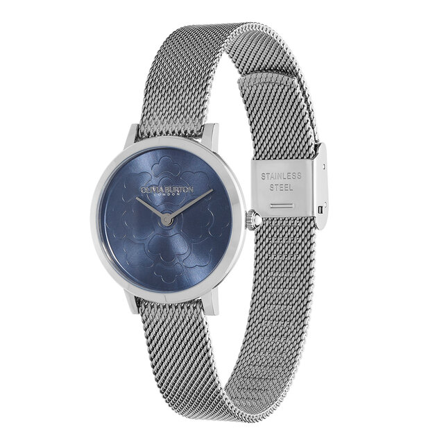 28mm Floral Ultra Slim Blue & Silver Mesh Watch