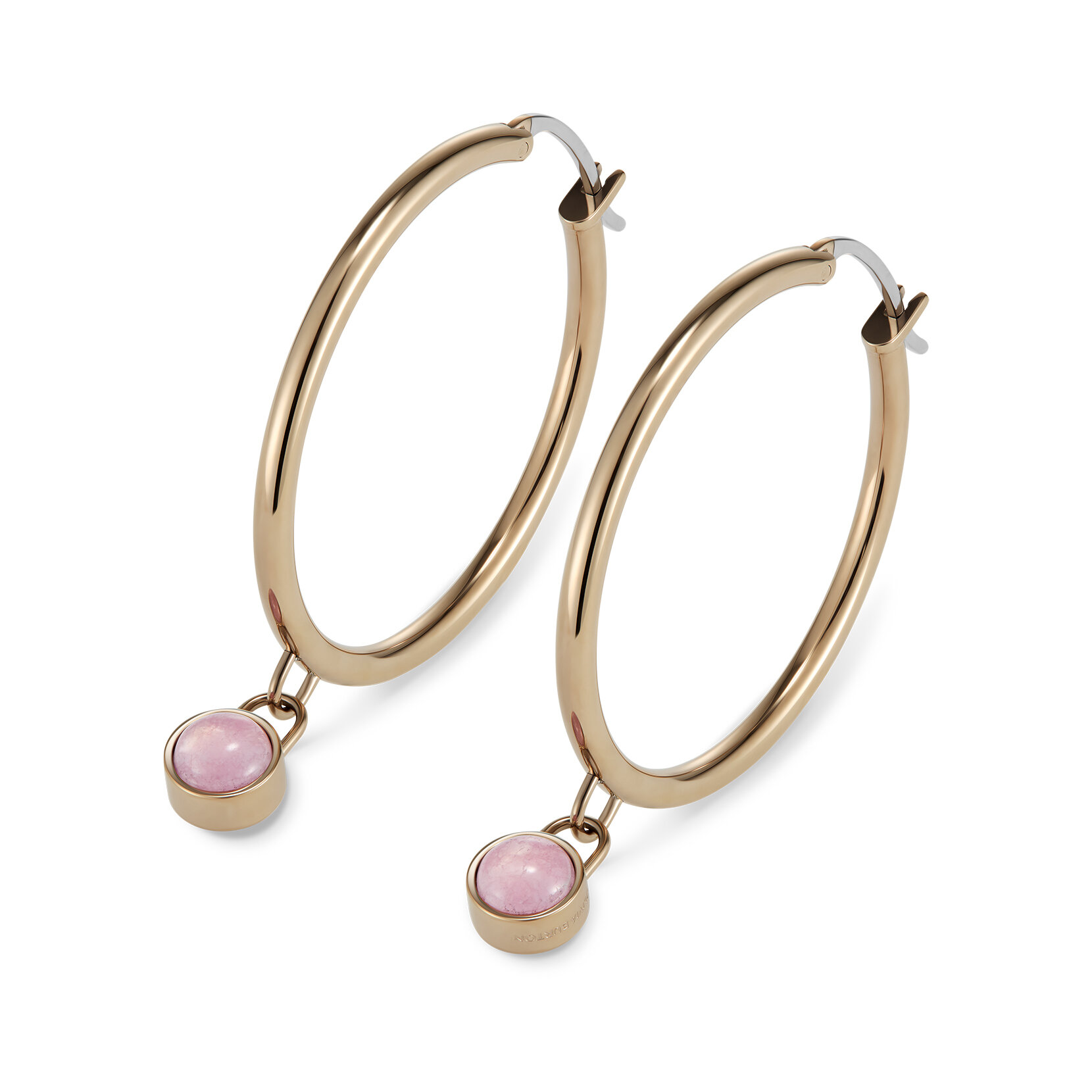 Boucles d'oreilles Créoles Pierre Précieuse Quartz Rose Cabochon Plaqué Or Rose