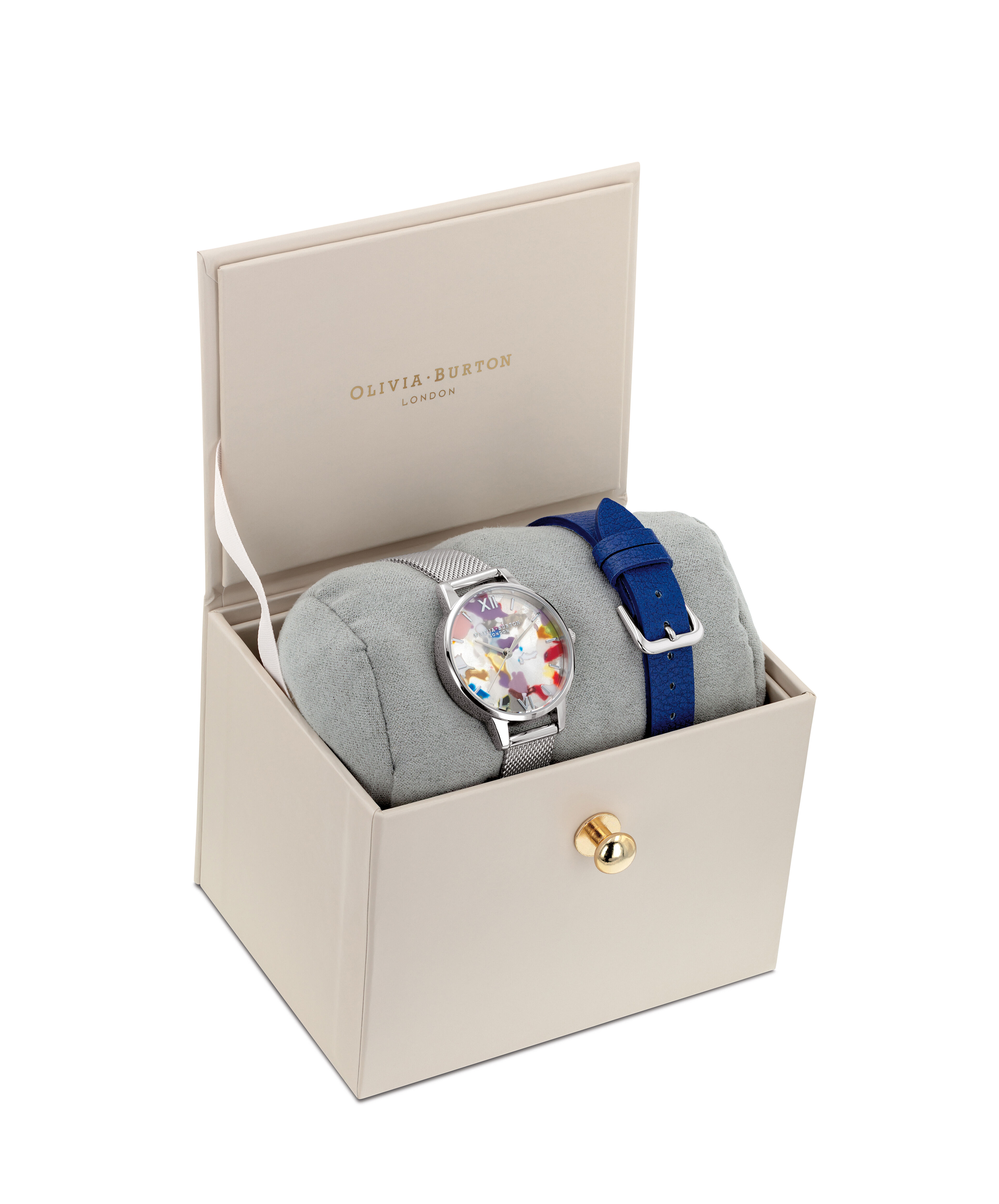 Pop Art Midi Dial Blue Eco Vegan Silver Mesh Watch Strap Gift Set Olivia Burton London