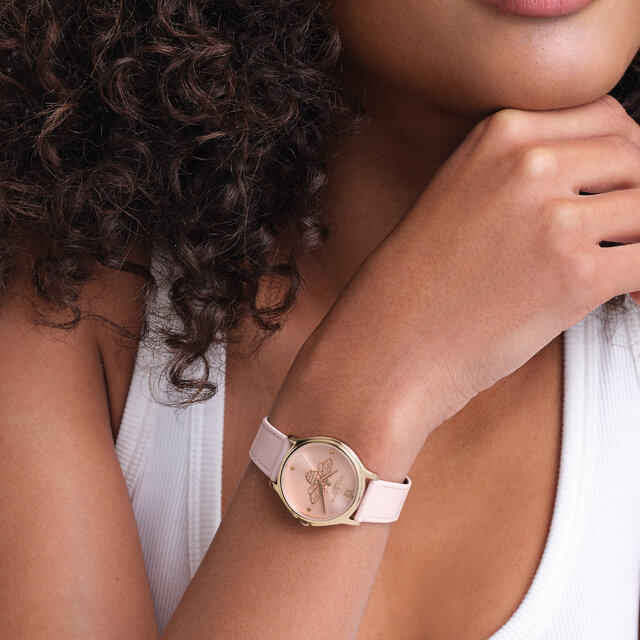 Montre Classic Bee 30 mm or rose avec bracelet en cuir et primev&egrave;re