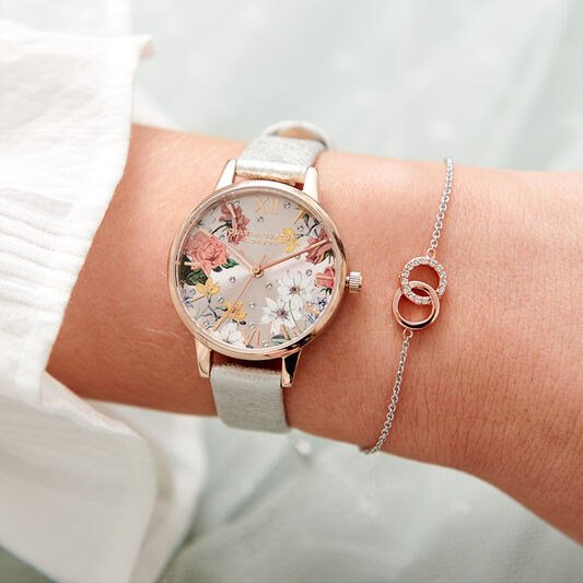 Sparkle Florals 30mm Rose Gold & Pink Leather Strap Watch
