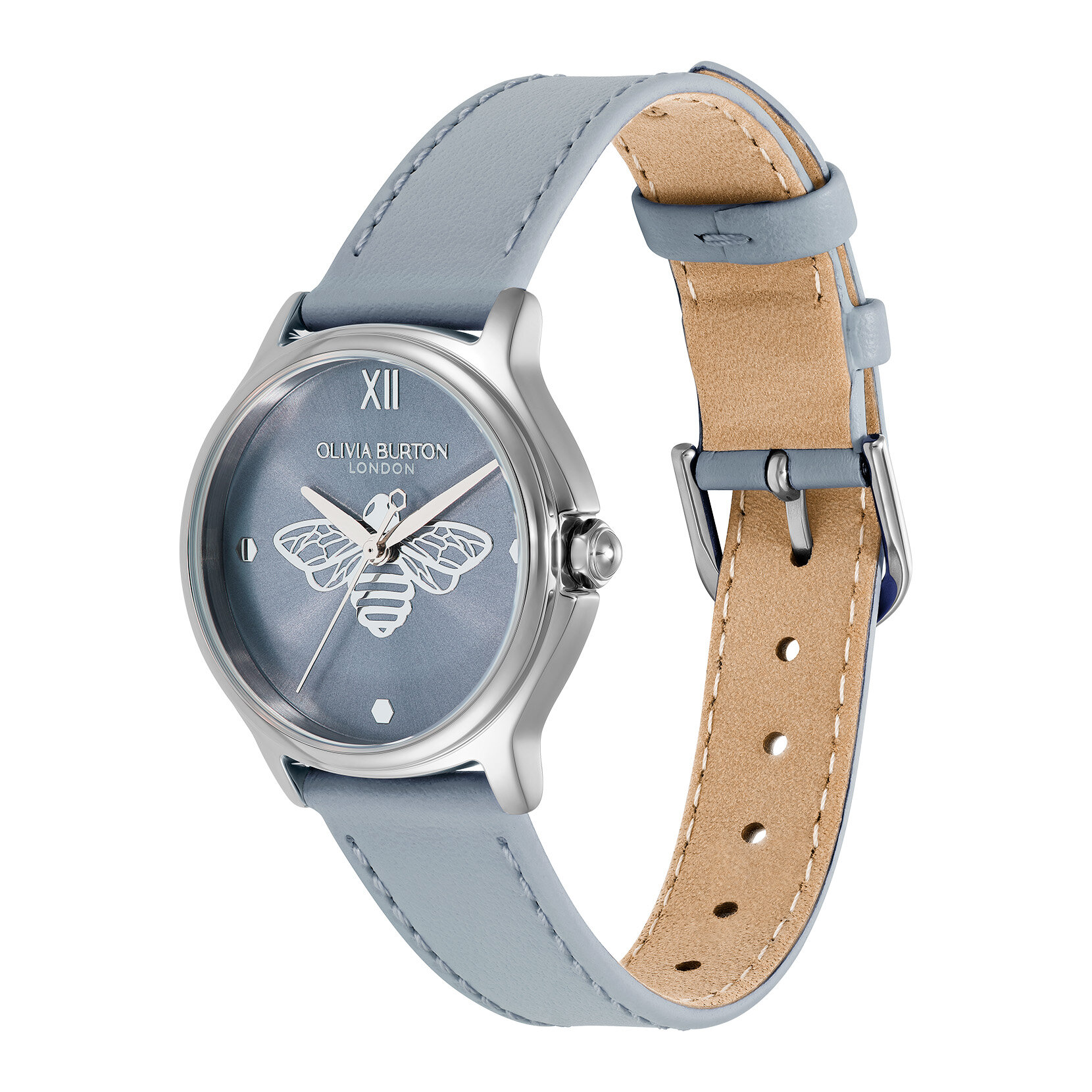 30mm Classic Bee Silver & Chalk Blue Leather Strap Watch