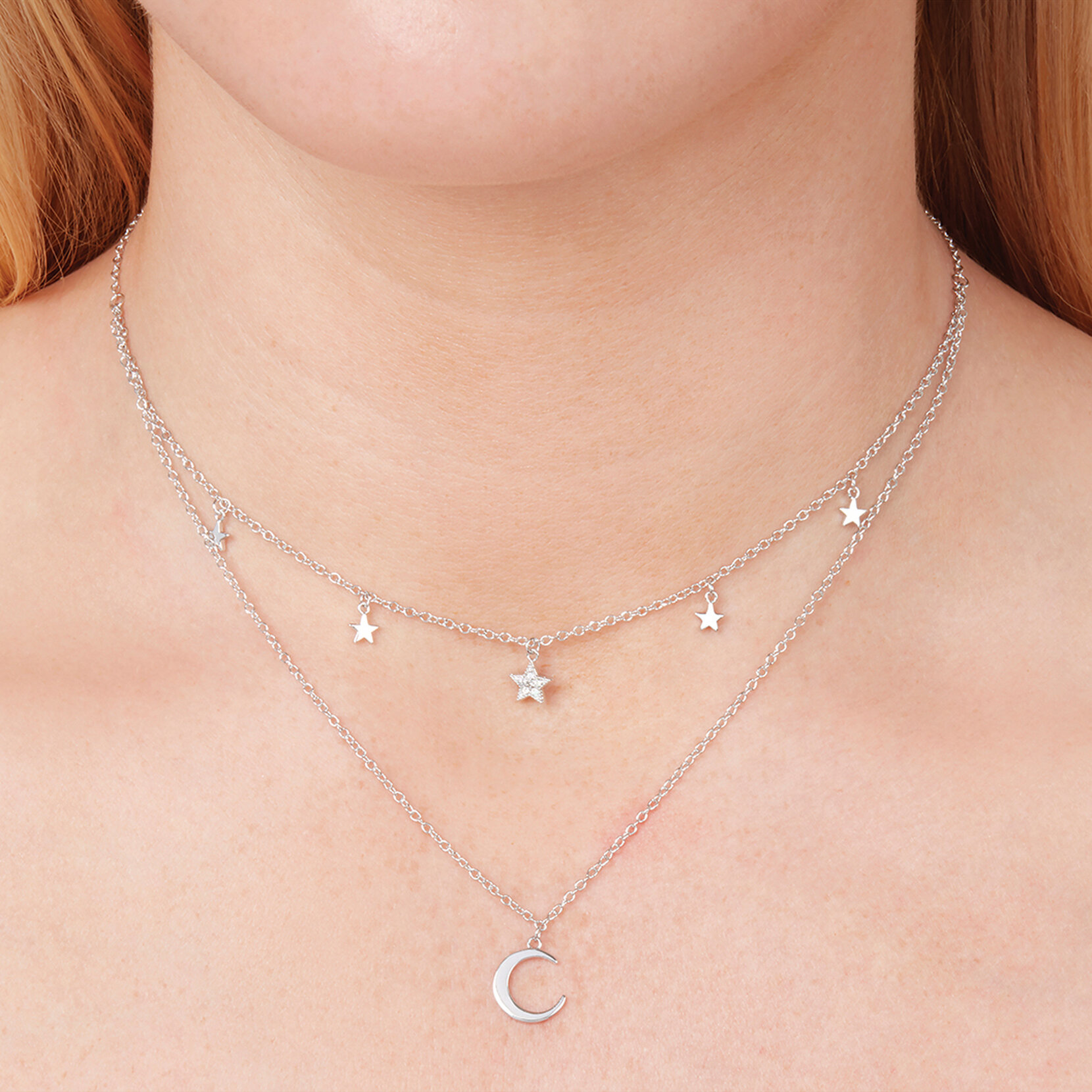 Collier en argent Celestial double croissant de lune et étoile