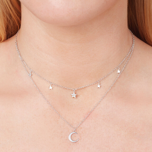 Collier en argent Celestial double croissant de lune et étoile