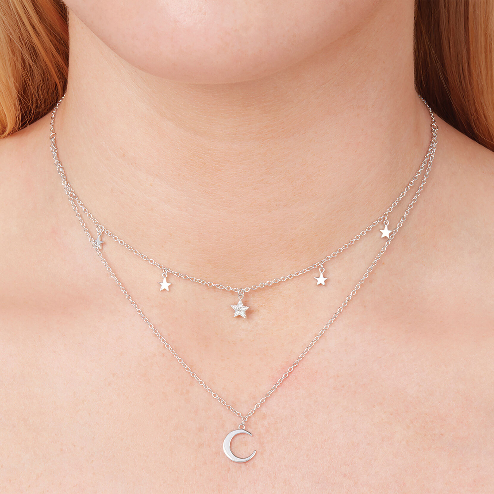 Celestial Double Crescent Moon and Star Necklace Silver