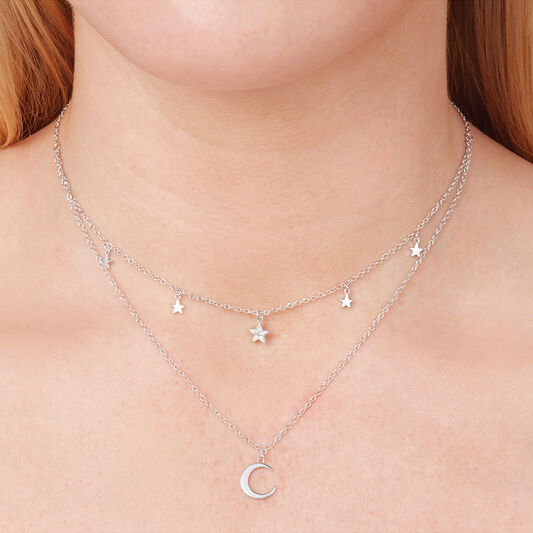 Celestial Silver Moon & Star Double Chain Necklace