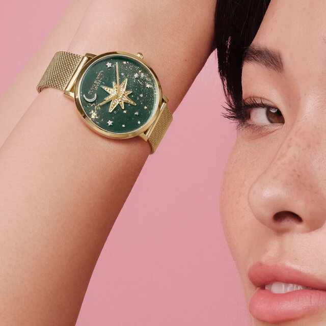 Montre Nova 35 mm avec bracelet en maille vert for&ecirc;t et or