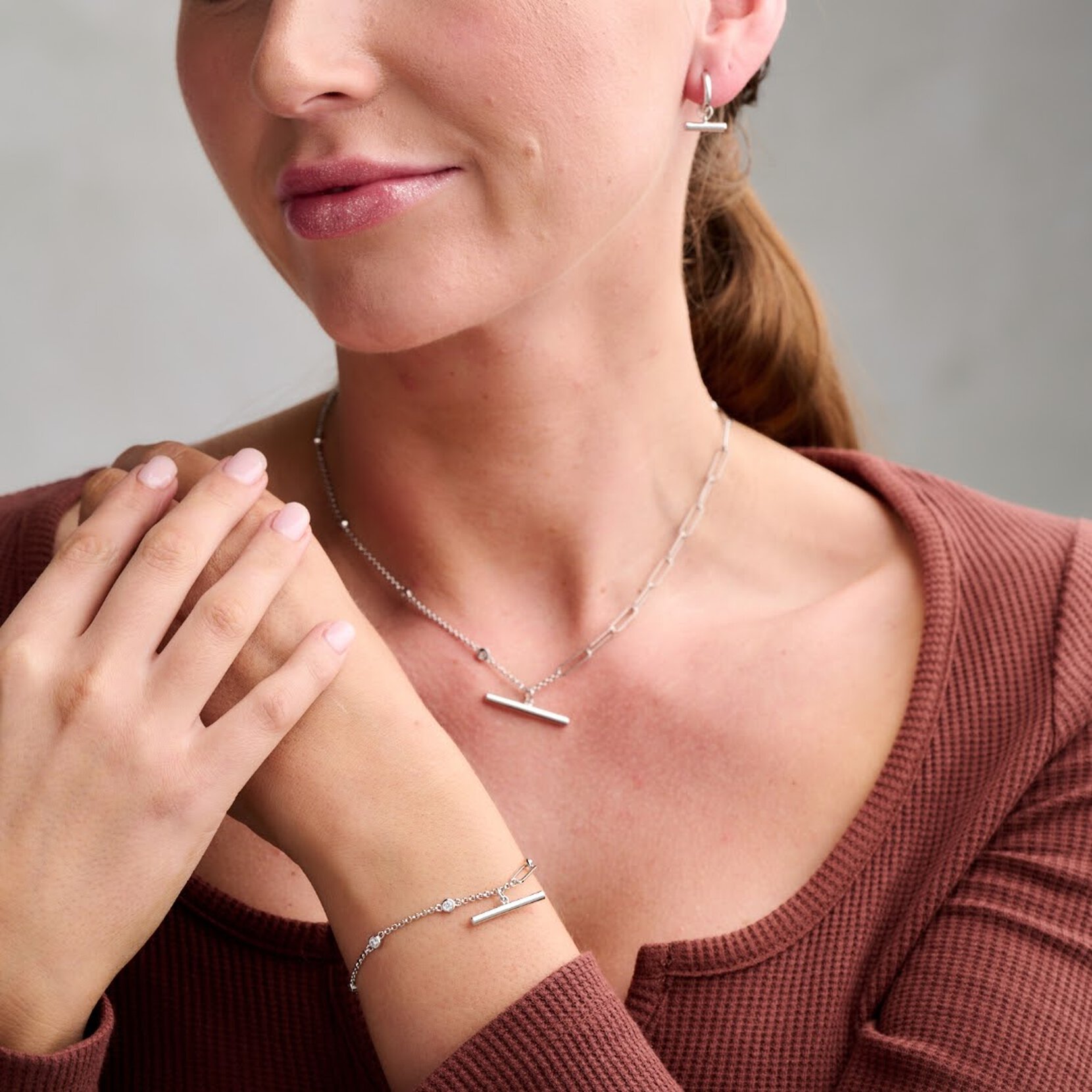 Classic Mismatch T-bar Silver Bracelet, Necklace & Huggie Bundle