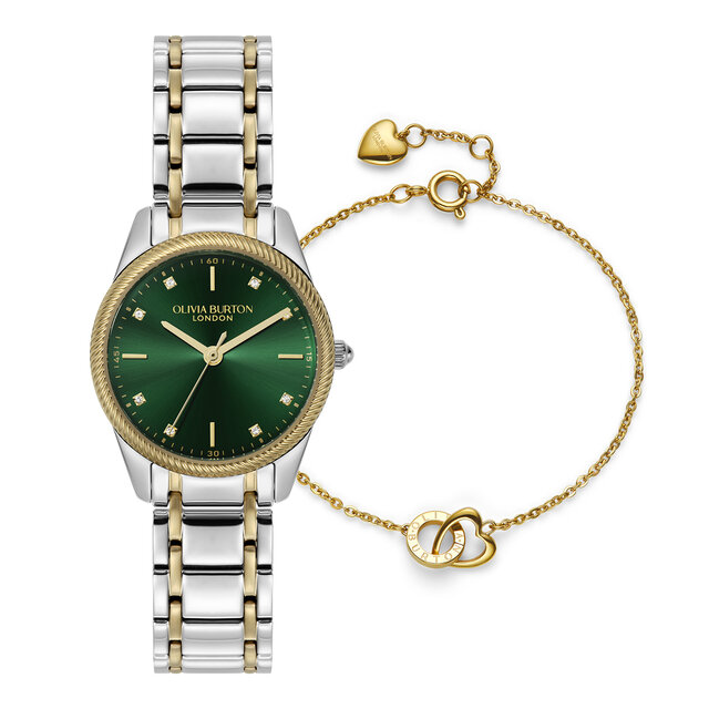 Coffret Cadeau Montre Egerton Vert For&ecirc;t & Bracelet Bicolore 28mm avec Bracelet Kindred Interlink