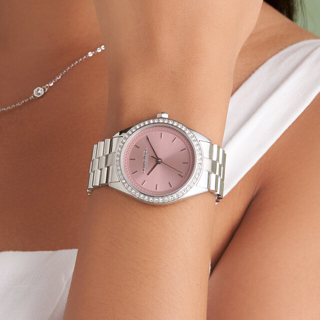 Montre Bejewelled Rose Pâle & Bracelet Argent 34 mm