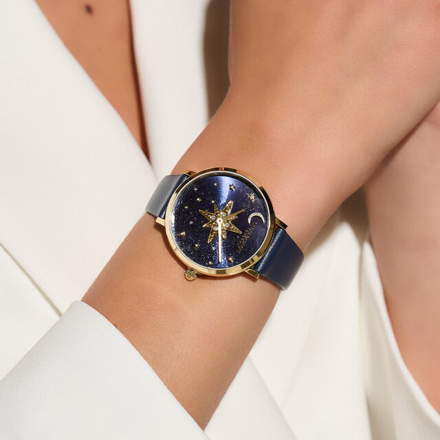 Montre Nova fine avec bracelet en cuir Or et Bleu saphir 35 mm