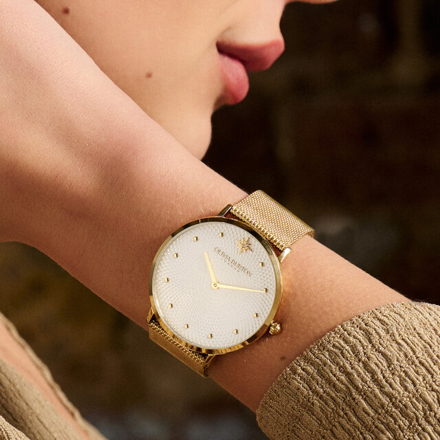 Montre ultra fine avec bracelet en maille milanaise Blanc métallisé et Or 40 mm