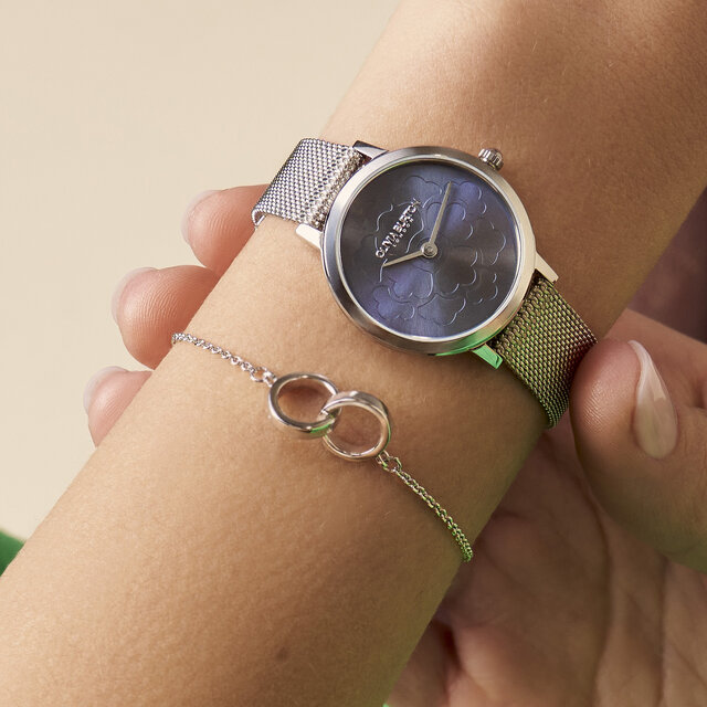 Montre florale ultra fine avec bracelet en maille milanaise Bleu et Argent 28 mm