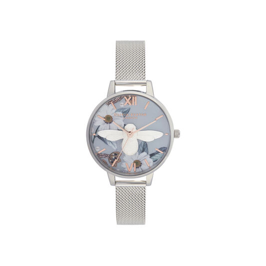 3D Bee, Bejewelled Floral Silver Watch
