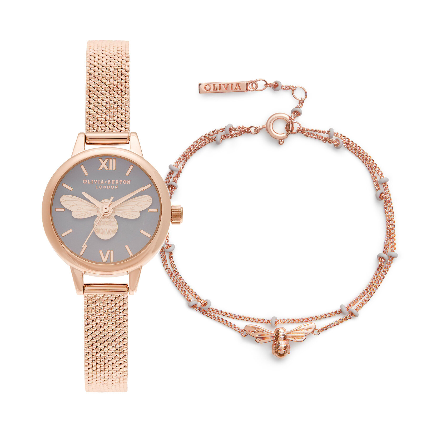 Bracelet charme au motif d'une mini abeille, cadran gris et maille bouclée RG avec chaîne Lucky Bee en émail gris