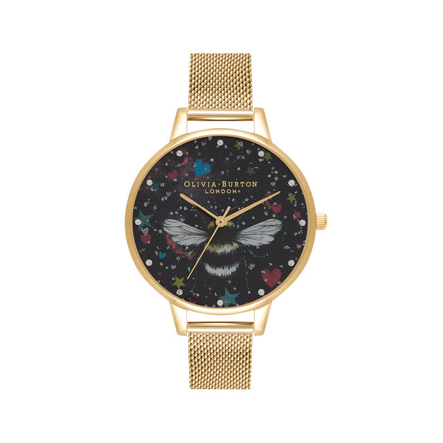 Montre en maille en or à cadran demi au motif d'abeille
