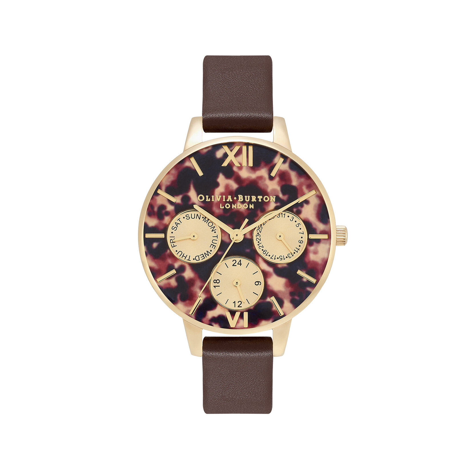Montre Tortoiseshell Multi Function à cadran Demi brun foncé et or