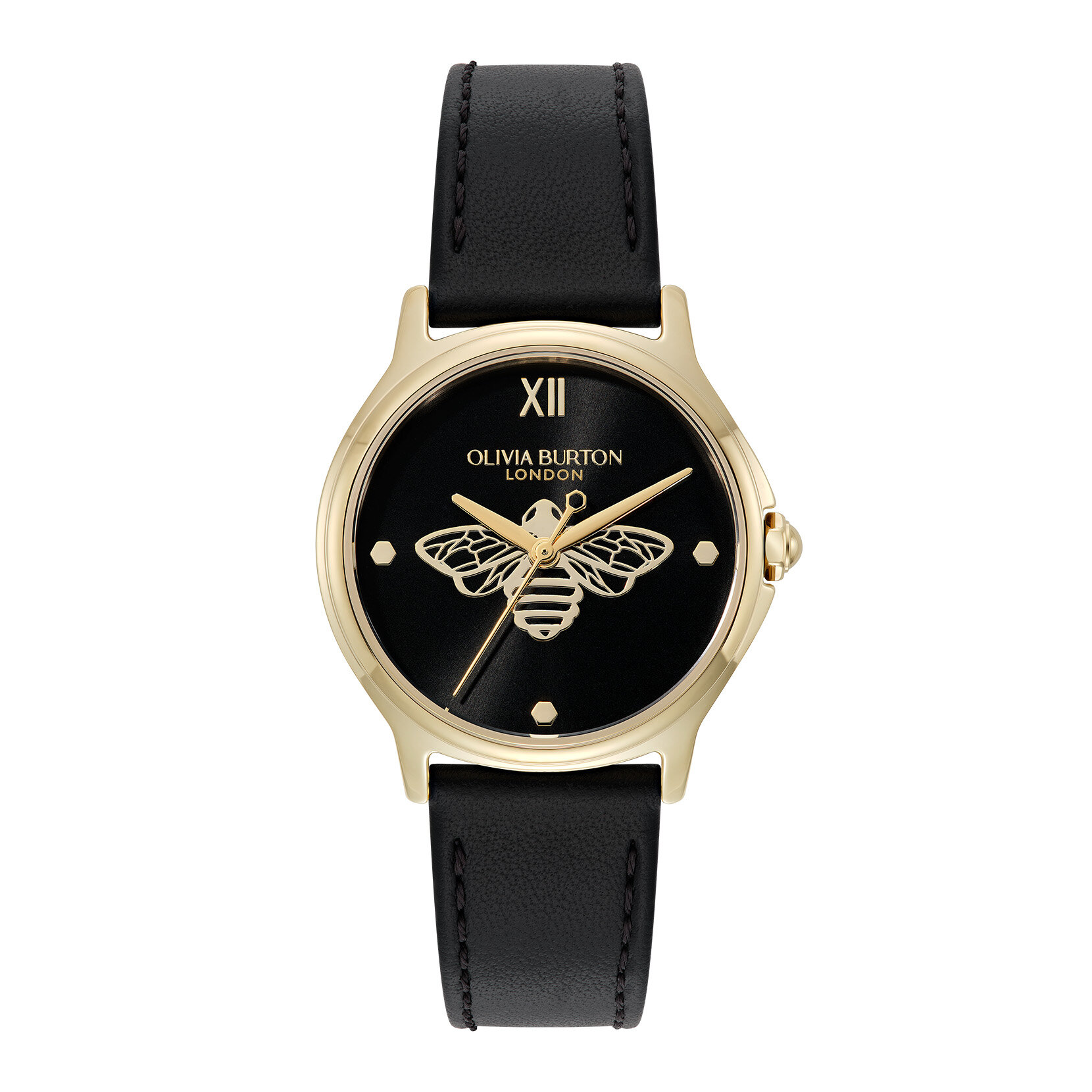30mm Classic Bee Gold & Black Leather Strap Watch