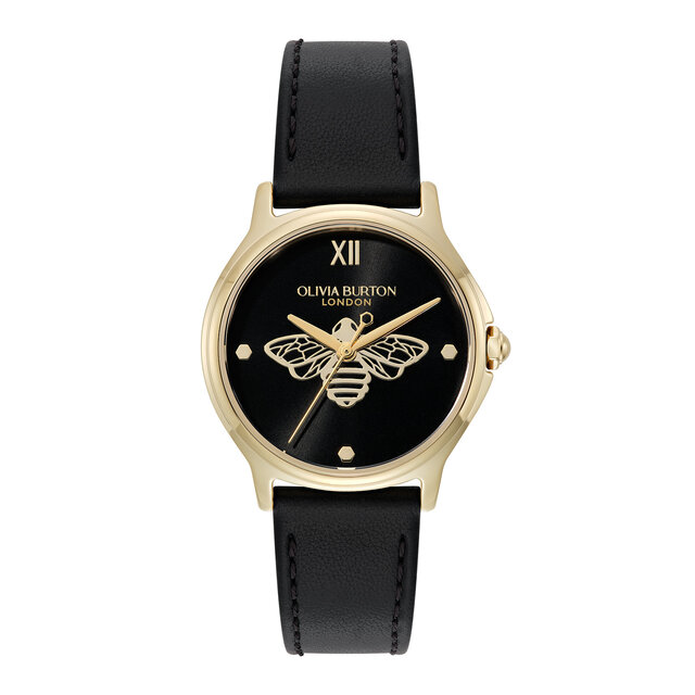 Montre &agrave; bracelet en cuir Classic Bee 30 mm en or et noir