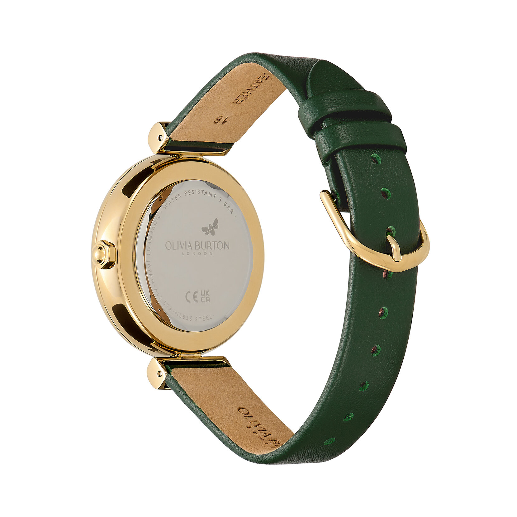 36mm Dogwood T-Bar Gold & Green Leather Strap Watch