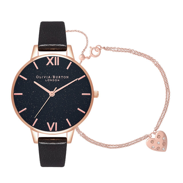 Coffret-cadeau montre Vegan à grand cadran Glitter noir et or rose et bracelet Classic Heart