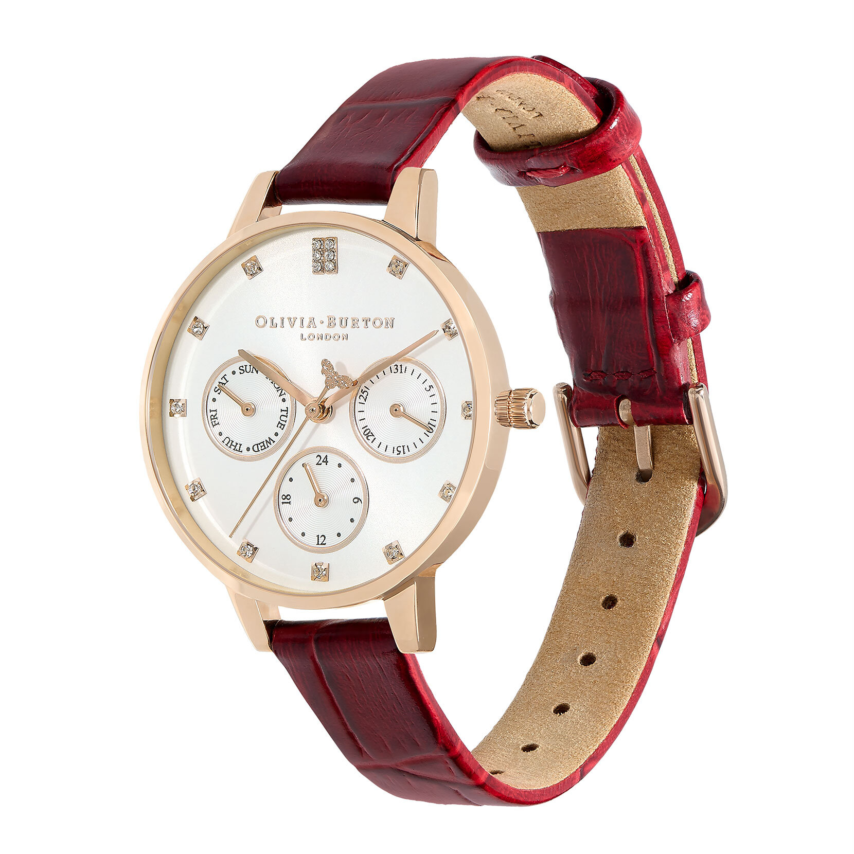 34mm White, Carnation Gold & Burgundy Leather Strap Watch