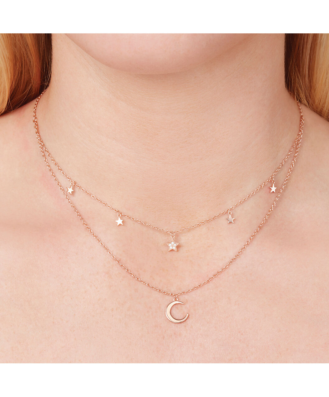 Rose Gold Moon Star Double Chain Necklace