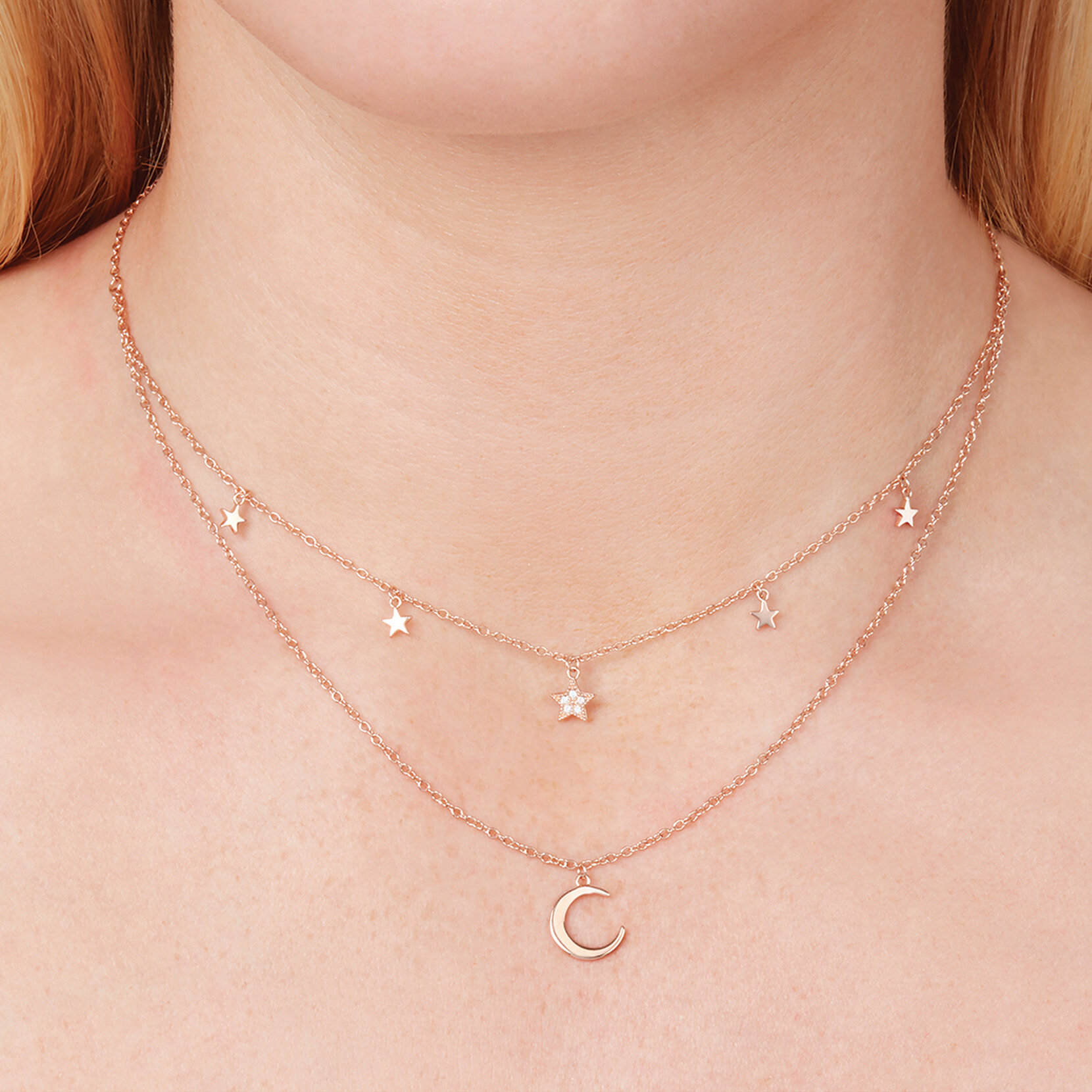 Rose Gold Moon & Star Double Chain Necklace