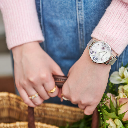 Sunlight Florals Silver Mesh Watch