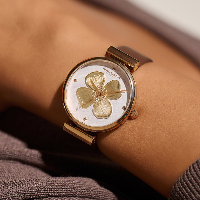 Montre Fleur de cornouiller avec fermoir en T et bracelet en cuir Or rose et Champignon 36 mm