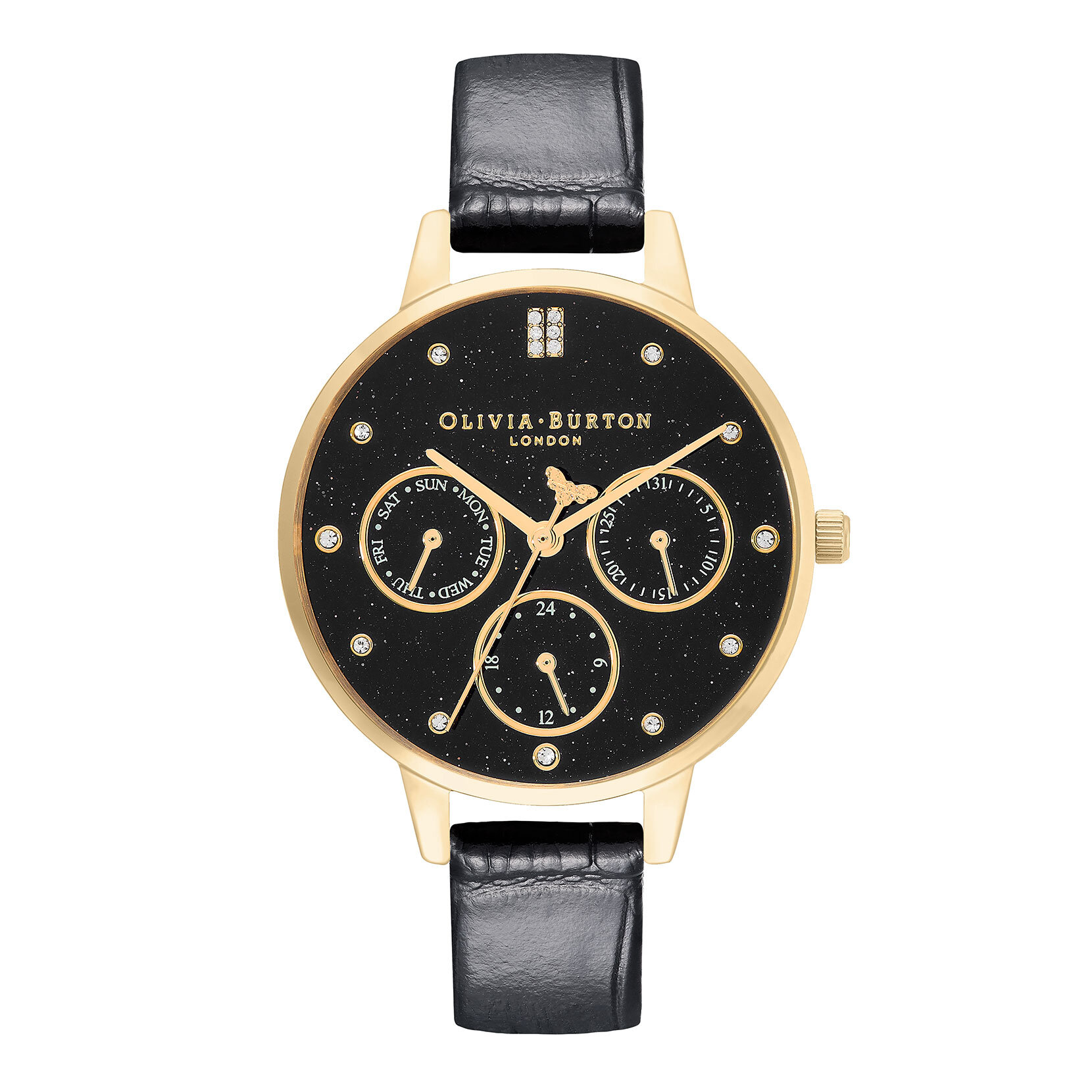 Montre Multifunction or à bracelet cuir noir 34 mm