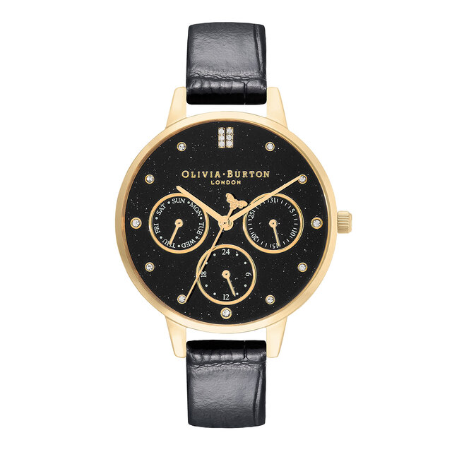 34mm Gold & Black Leather Strap Watch