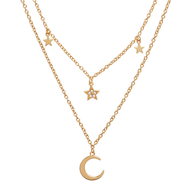 Collier double Celestial croissant de lune et étoile or