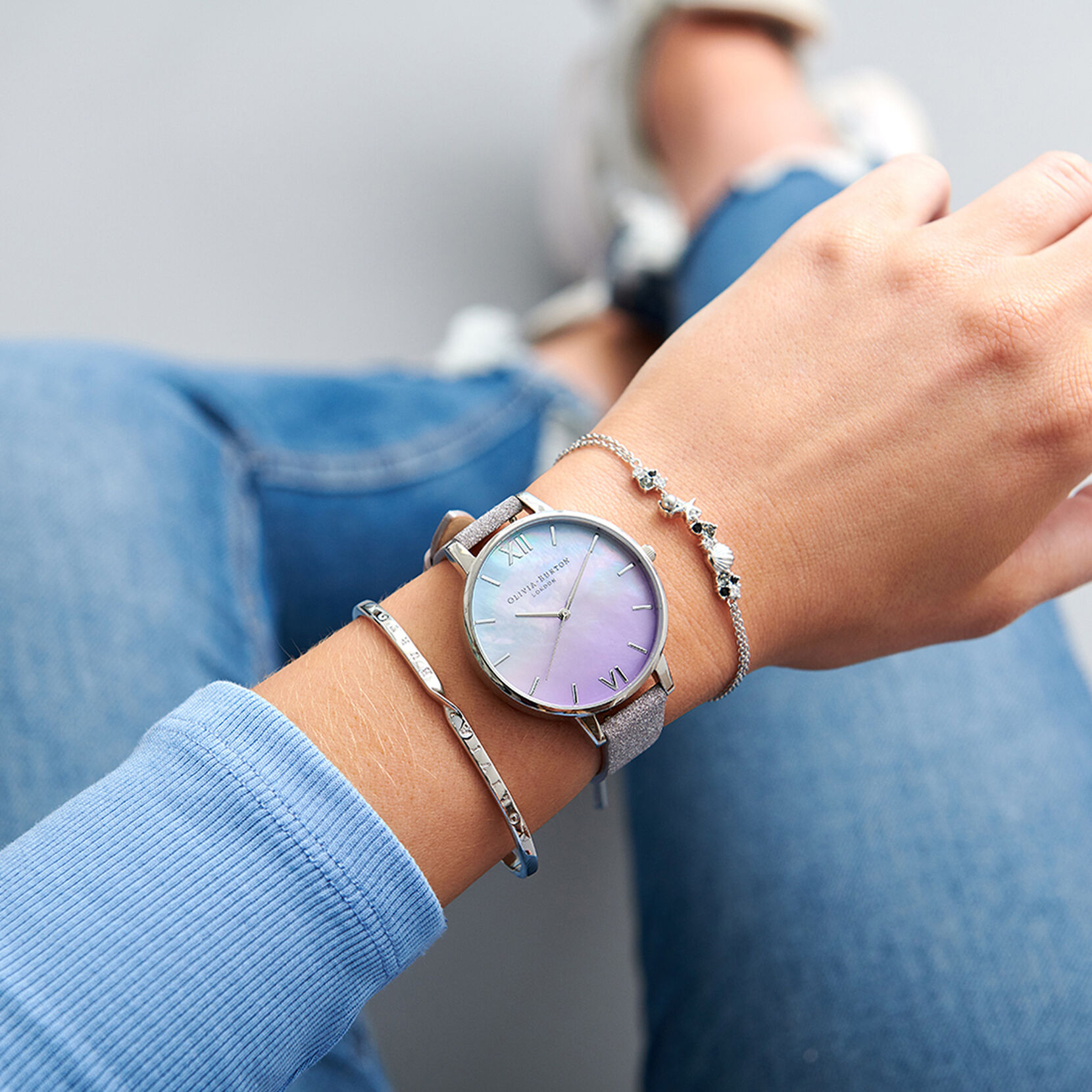 Ombre Mother Of Pearl Dial  Watch with Lilac Glitter Strap & Silver Mesh Strap Set