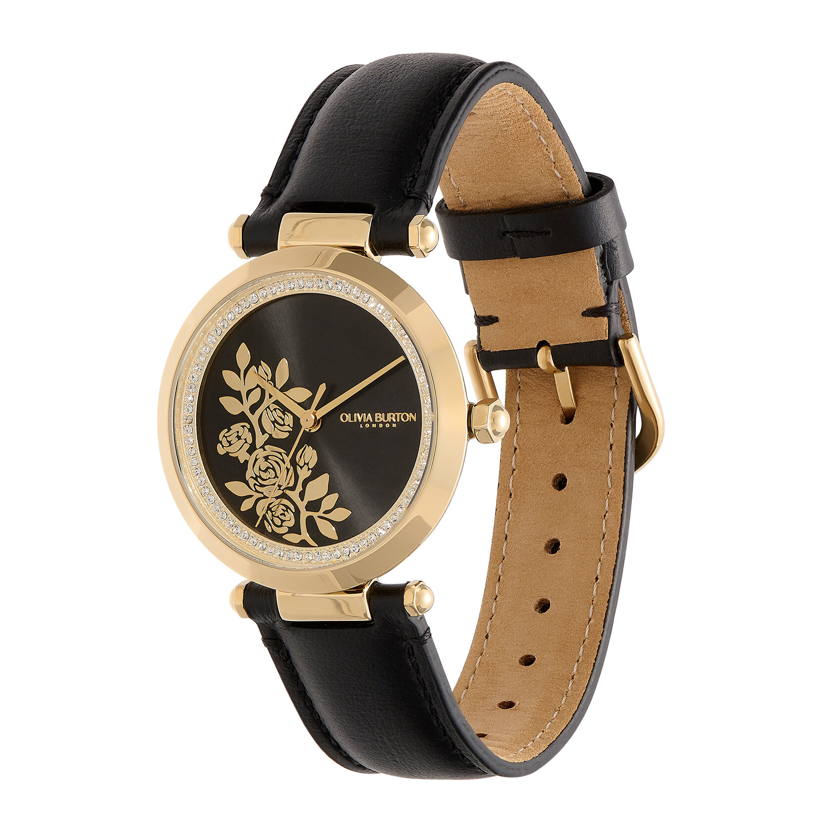 34mm Floral T-Bar Gold & Black Leather Strap Watch
