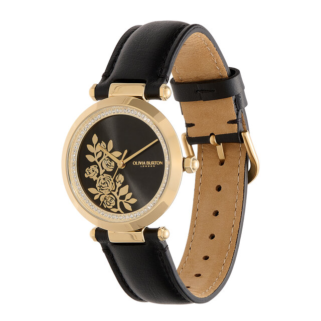 Montre florale avec fermoir en T et bracelet en cuir Or et Noir 34 mm