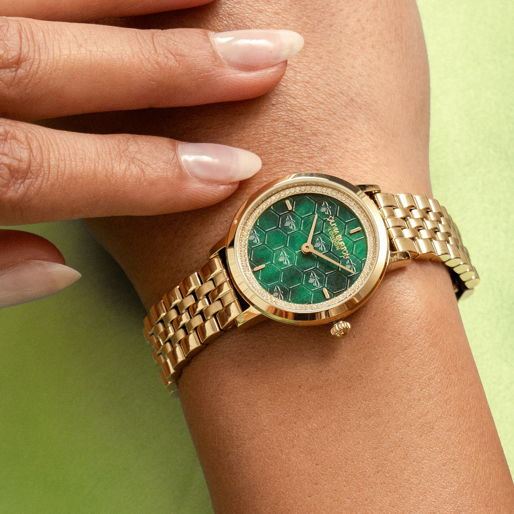 Montre Honeycomb Ultra Fine & Bracelet Vert Sapin & Or 28mm