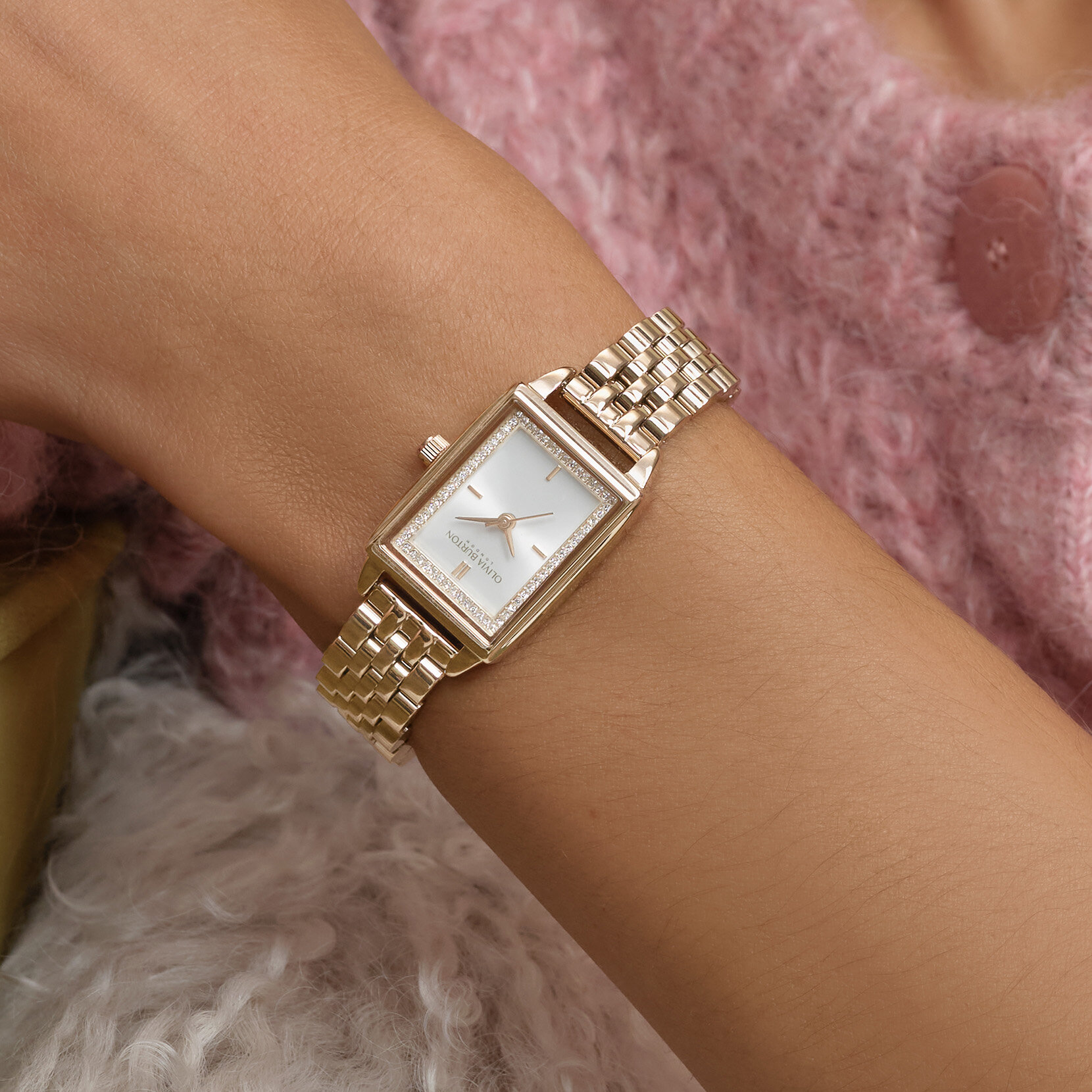 21mm Rectangle White & Carnation Gold Bracelet Watch