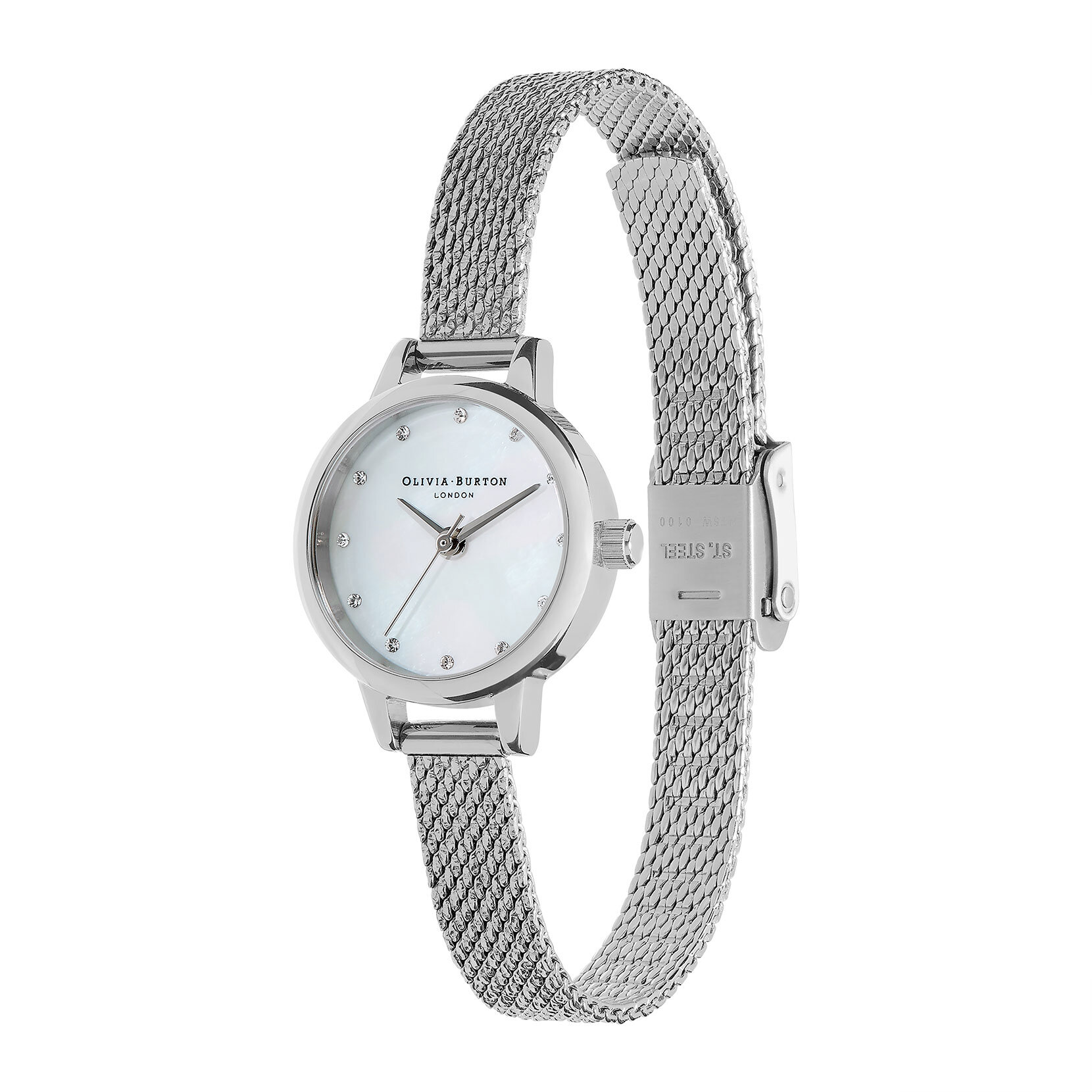 Montre à cadran Mini nacre blanche, index scintillants et maille milanaise bouclée argent