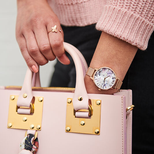 Bejewelled Florals Silver Glitter Dial & Rose Gold Mesh