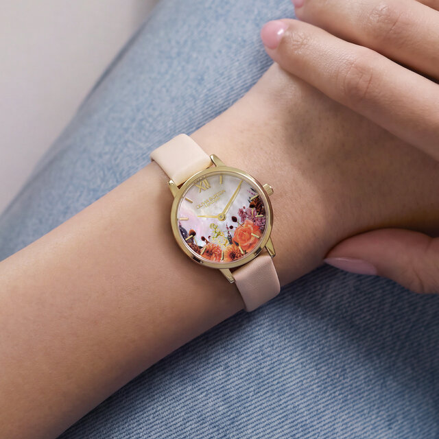 28mm Autumn Floral Rose Gold & Purple Leather Strap Watch