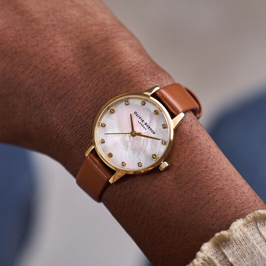 30mm Gold & Tan Leather Strap Watch