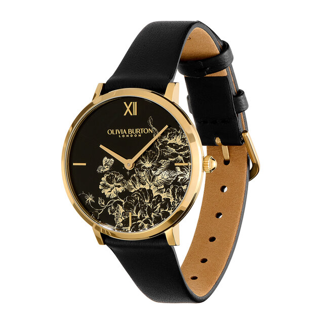 35mm Floral Blooms Ultra Slim Gold & Black Leather Strap Watch