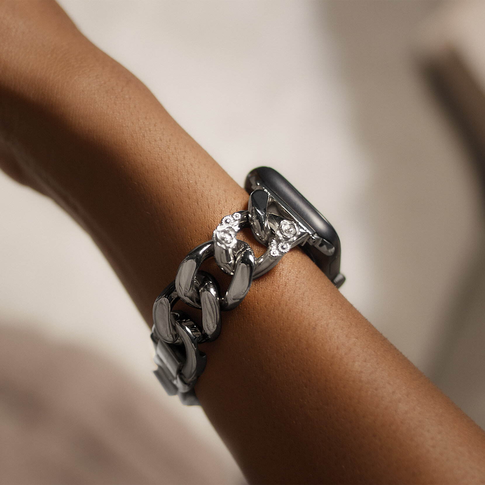 Silver with Floral Link Bracelet Strap