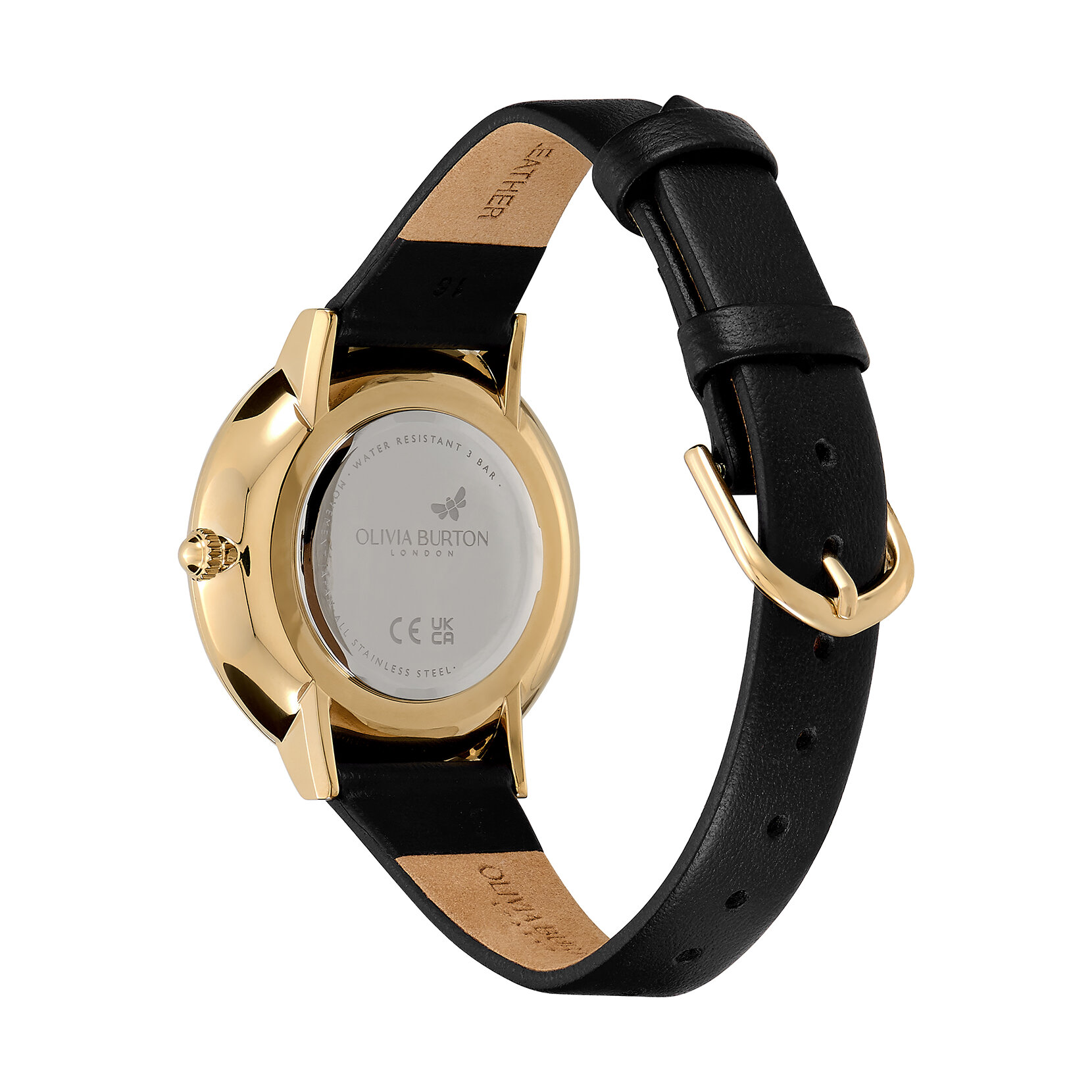 Montre Floral Blooms ultra fine avec bracelet en cuir Or et Noir 35 mm
