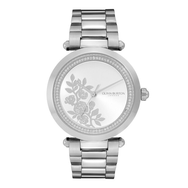 Montre florale avec fermoir en T Blanc et Argent 34 mm