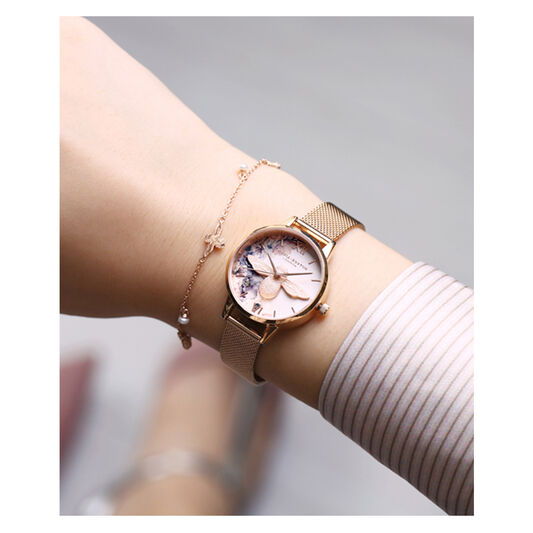 Watercolour Florals Rose Gold Mesh Watch