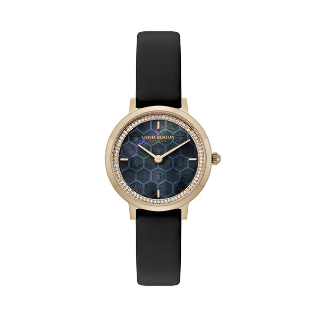 Montre Honeycomb Ultra Fine & Bracelet Cuir Noir & Or 28mm